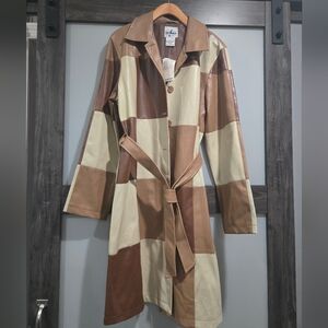 Patchwork trench coat Faux Leather Size Large NWT